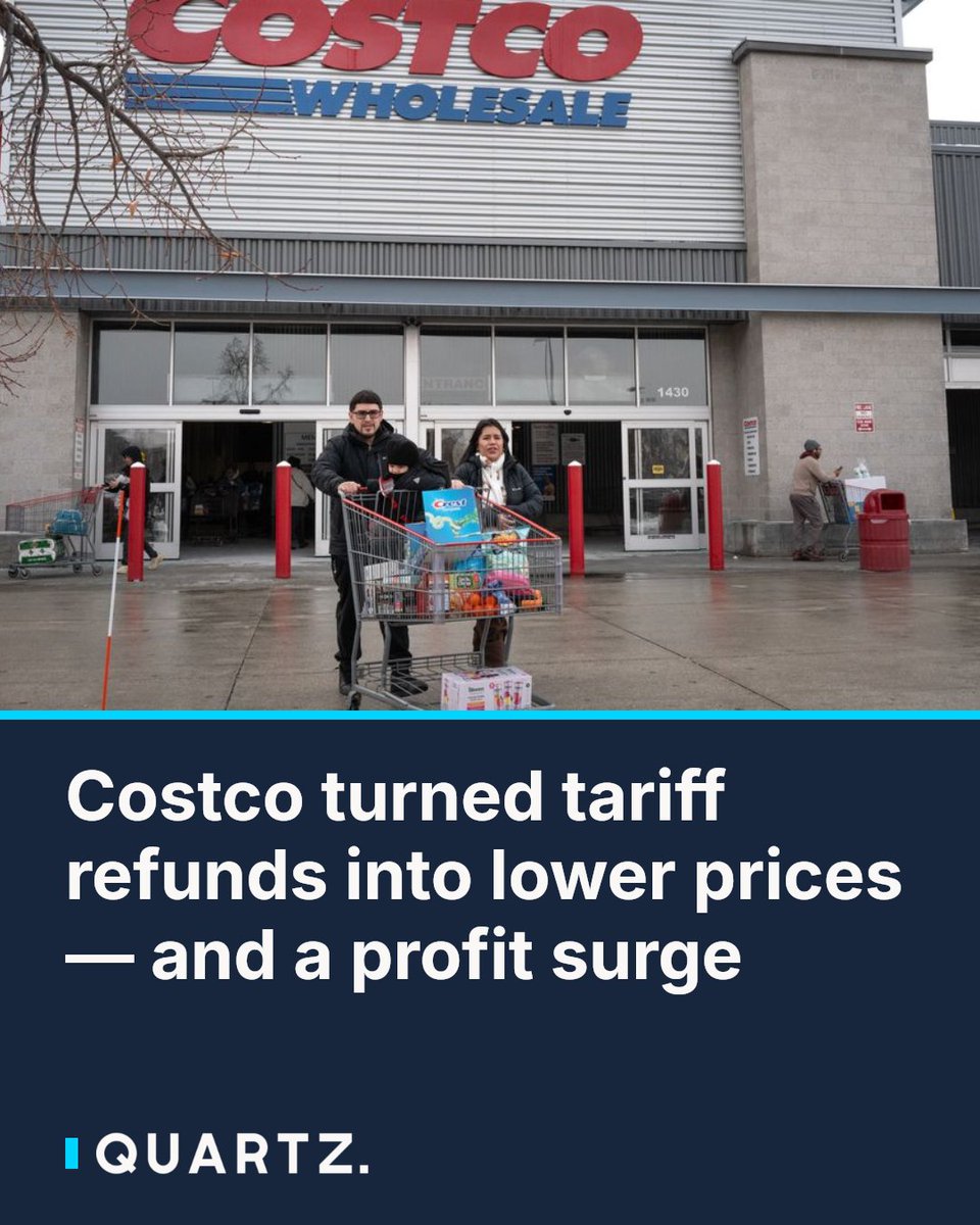 qz's tweet photo. Costco turned tariff refunds into lower prices — and a profit surge

Costco beat earnings expectations for Q4, hauling in nearly $3 billion in net income — partly thanks to $184 million in tariff refunds it partly passed on to members as lower

#Costco #TariffRefund #EarningsBeat https://t.co/yWu3s94CBQ