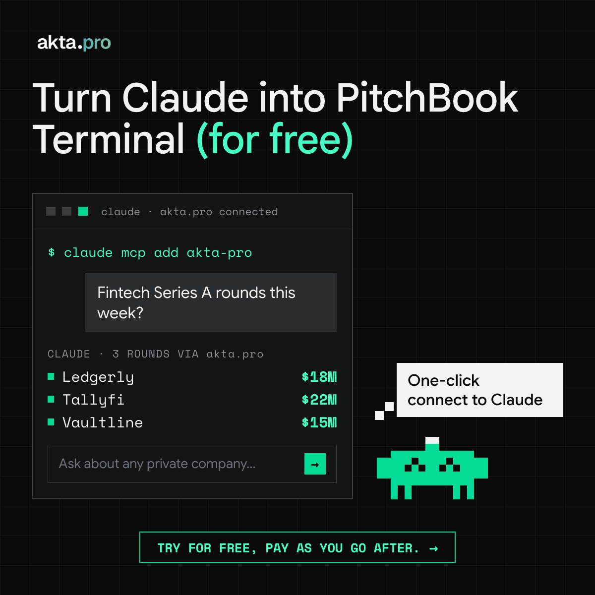 akta_pro's tweet photo. Why pay $100K+ for PitchBook? Start free in Claude with https://t.co/Igbe1taXdS

Private company data usually means:
→ Sales calls
→ Expensive annual contracts

@akta_pro changes that:
→ Completely pay as you go (No sales call)
→ 20M+ companies, 74 data points
→ Funding, revenue, valuation — all included

Connect to Claude in one-click (free usage) ↓

https://t.co/0BrgUGmE5E