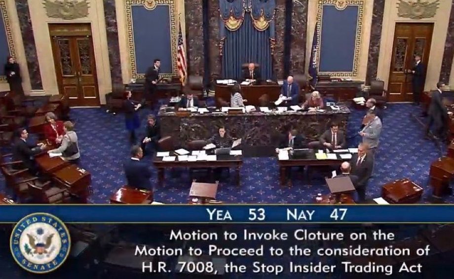 OpenSourceZone's tweet photo. The Senate blocks legislation that would have banned members of Congress from trading stocks 

Final Vote (60 votes needed):
🟢 Yes: 53
🔴 No: 47

Dem: 🟢 Yes: 0 | 🔴 No: 47
GOP: 🟢 Yes: 53 | 🔴 No: 0 https://t.co/glBOdYH7MI