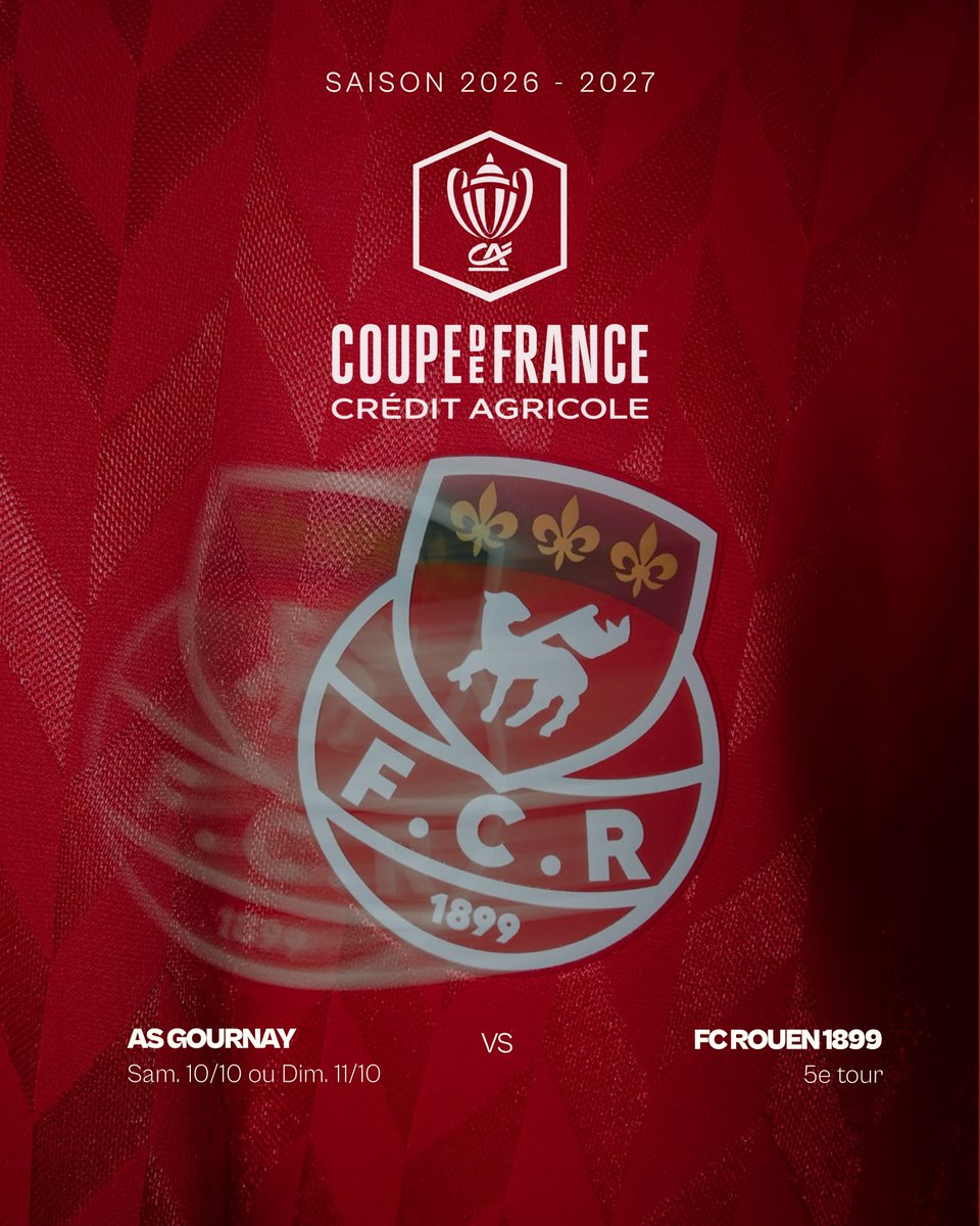 fcr1899's tweet photo. Pour son entrée en lice en @coupedefranceCA, le FCR affrontera l'AS Gournay, club de Régional 3🏆

Ce 5e tour est prévu le samedi 10 ou dimanche 11 octobre 🗓️ https://t.co/TxImftGwPY