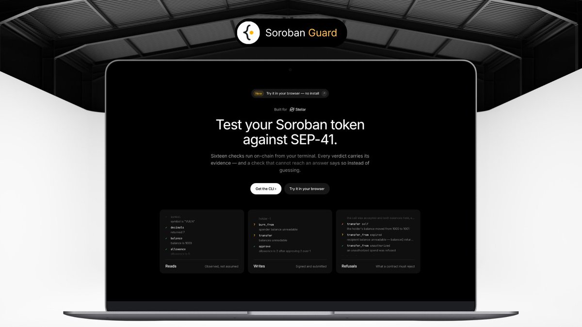 sorobanguard's tweet photo. Introducing soroban-guard.🧑‍💻✔

Test your Soroban token against SEP-41 with 16 on-chain checks.
✓ Evidence-backed verdicts
✓ Reads + signed writes
✓ CLI + browser checker

Try it now: https://t.co/t7tDhsGsnh

Built for developers  @BuildOnStellar  @Indo_Stellar https://t.co/KP7kxdCDPC
