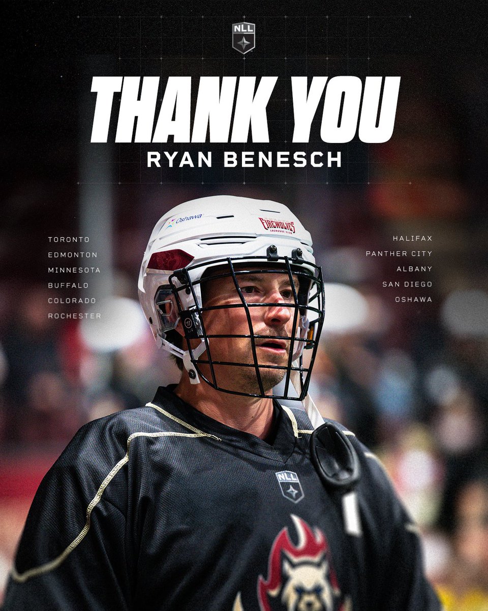 NLL's tweet photo. From first overall pick to one of the game’s greats. 👏

Ryan Benesch has announced his retirement after 19 years in the National Lacrosse League, scoring 633 goals across 323 regular-season and playoff games.

Thank you, @beniboi21. 👏 https://t.co/dAED8DJ1fs