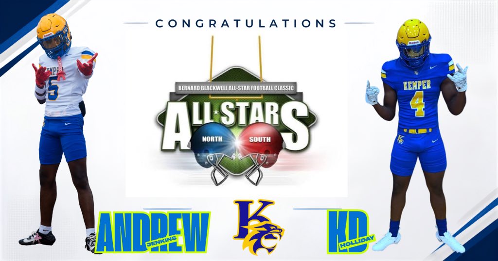 kemperfootball's tweet photo. Congrats to @DrewJenkins27 &amp; @Kd_Holliday on being selected to the Mississippi Bernard Blackwell North/South game! 

#200Boys ♠️ https://t.co/68TpzfDi9O