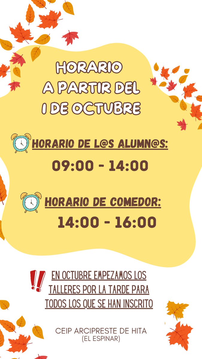 ceiparcipreste's tweet photo. ‼️HORARIO OCTUBRE - MAYO

⏰️ Horario de alumn@s:
       09:00 - 14:00

⏰️ Horario de comedor:
       14:00 - 16:00

❕️Comienzo de los talleres de las tardes para los alumnos inscritos. 

#centroeducacyl #educacylsegovia https://t.co/ptFu2gK7qC