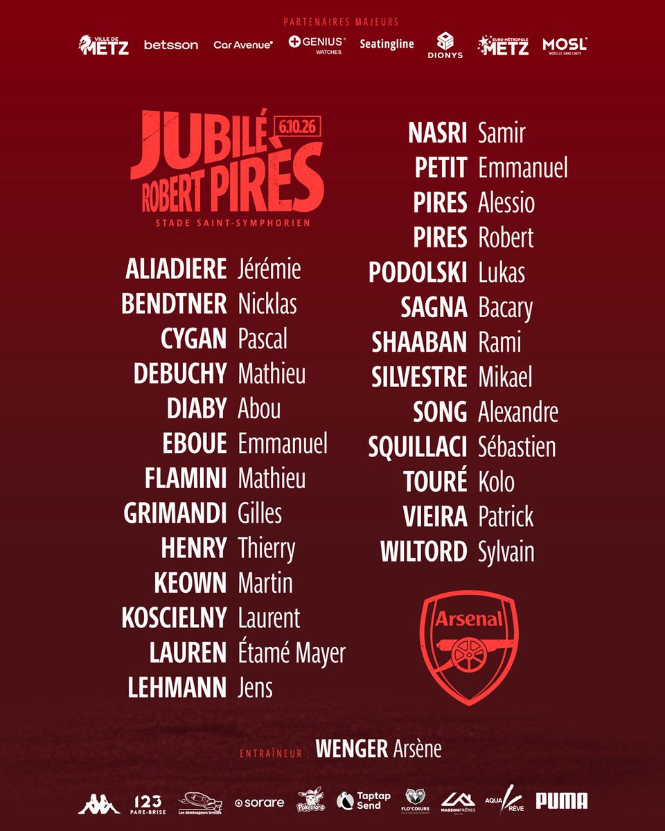 FrenchAFC's tweet photo. 🚨 Un casting de RÊVE pour le jubilé de Robert Pires ! 🔴⚪️

Le 6 octobre prochain au Stade Saint-Symphorien, c'est un véritable bond dans le passé qui nous attend avec une équipe 100% Légendes d'Arsenal ! 🤩  

Arsène Wenger, Henry, Vieira, Petit, Lehmann, et plein d'autres figures historiques du club !  

Qui avez-vous le plus hâte de revoir sur la pelouse ? 👀👇