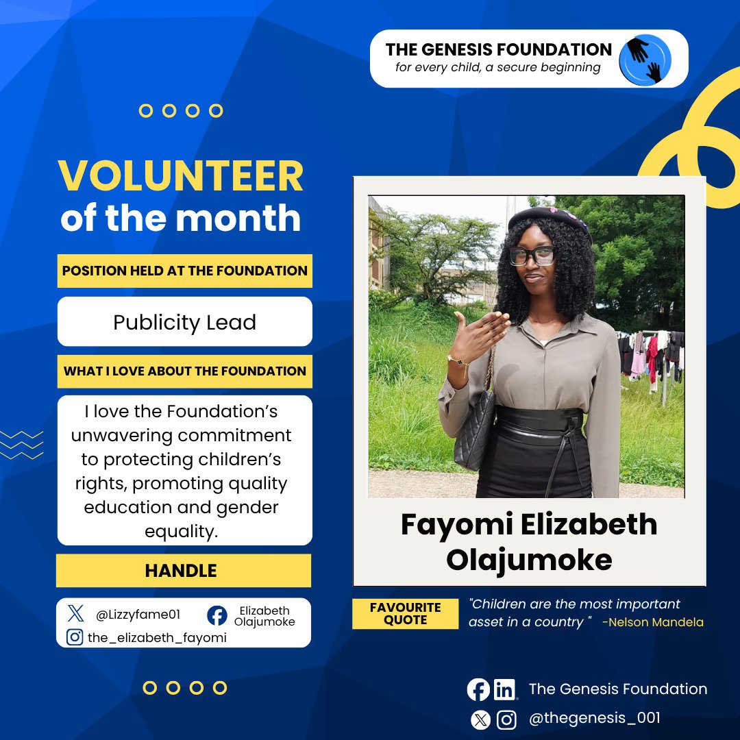 TheGenesis_001's tweet photo. Celebrating impact, purpose, and a heart for service! 💙✨
Being part of The Genesis Foundation is a reminder that every effort counts when it comes to protecting children’s rights and creating a brighter future for every child. 🌍💛
#VolunteerOfTheMonth #TheGenesisFoundation https://t.co/xYd0fjqAjz