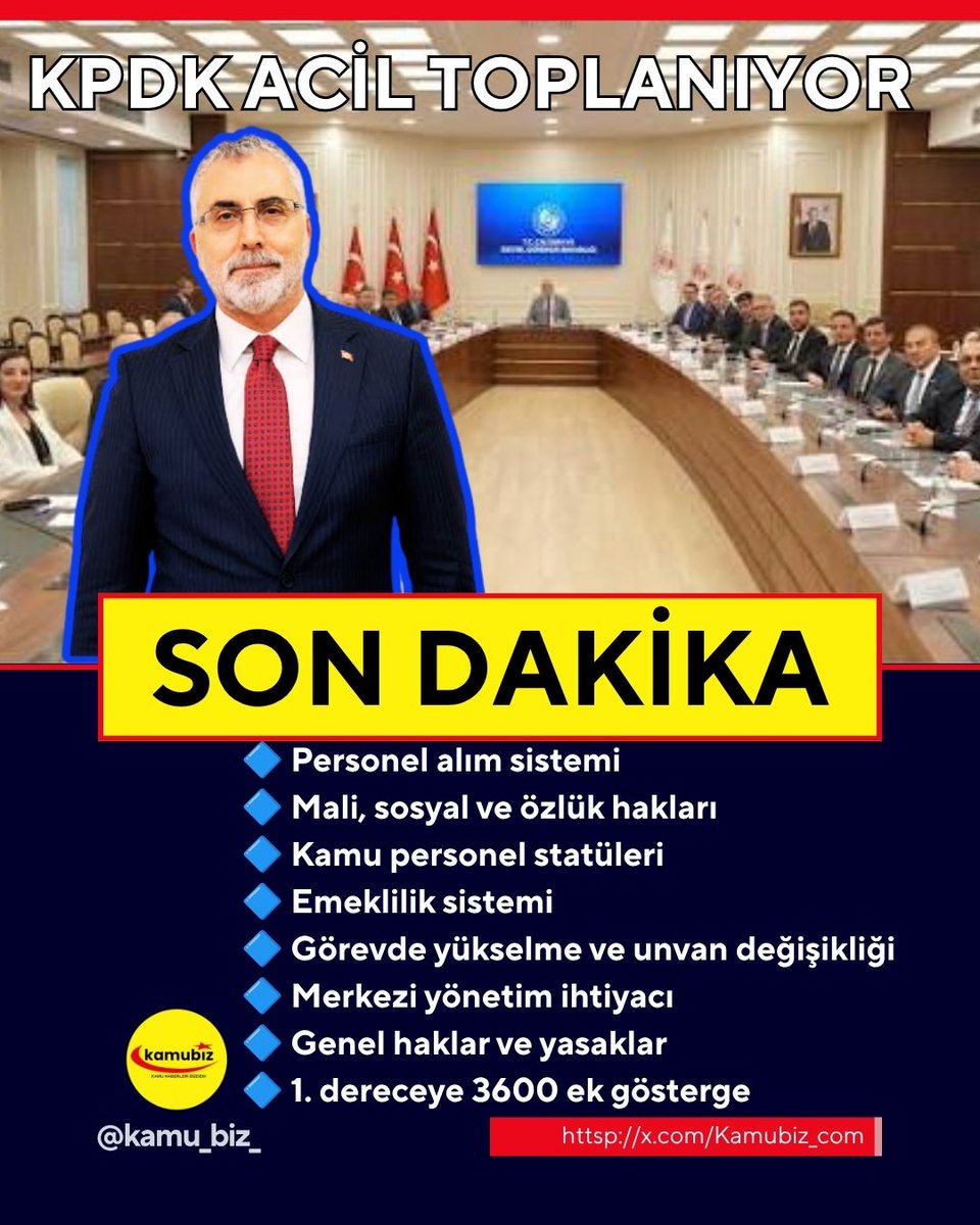 KamubizHaber's tweet photo. 🚨 KPDK ACİL TOPLANIYOR: TALEPLERİNİZ NELER?

Kamu Personeli Danışma Kurulu, 8 Ekim’de toplanacak.

▪️ Personel sistemi
▪️ Mali, sosyal ve özlük hakları
▪️ Kamudaki statüler
▪️ Emeklilik sistemi
▪️ Görevde yükselme ve unvan değişikliği
▪️ 3600 ek gösterge

Talepleriniz nelerdir❓ https://t.co/1puXhtnxX6