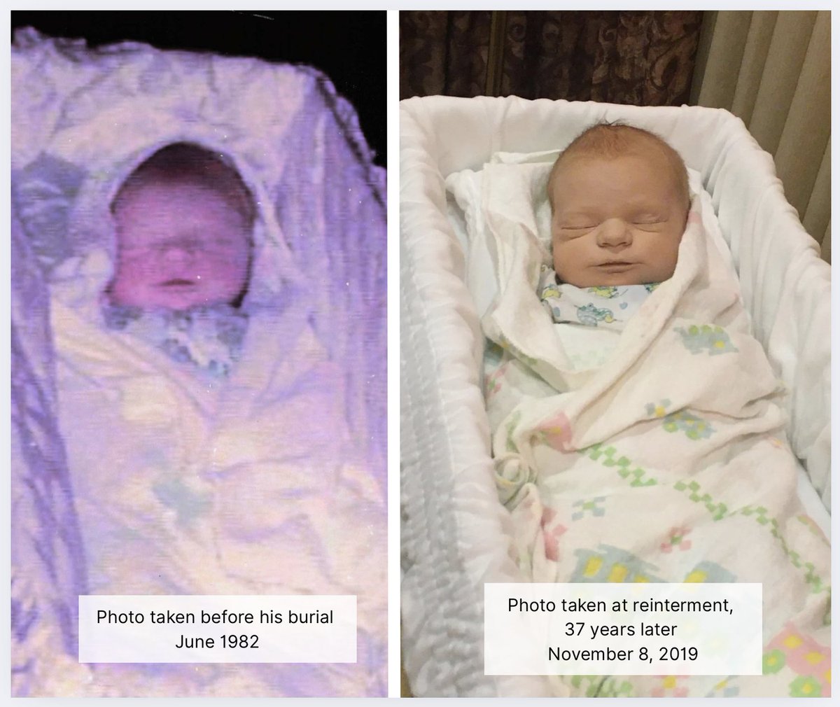RosaryQuotes123's tweet photo. Baby Brian was born to Shawn and Mary Pat Gallagher on June 16, 1982 on a military base at Fort Knox, Kentucky. He only lived for less than an hour due to complications during delivery. The parents, who were devout Catholics, requested that the baby be baptized. 

Although no baptismal certificate was filed, due to the parents' explicit request, Brian's baptism is considered a conditional baptism. 

In 2019, when the family opened the grave of Baby Brain in Highmore, South Dakota, for reinternment at the Black Hills National Cemetery, the casket was accidentally pierced by a backhoe tine. This compelled them to open the casket only to find the body of Baby Brian, who was born 37 years prior in mint condition. 

Today the Gallaghers travel across the nation with a mission to console families grieving the loss of their children and teaching others about Baptism of Desire.
