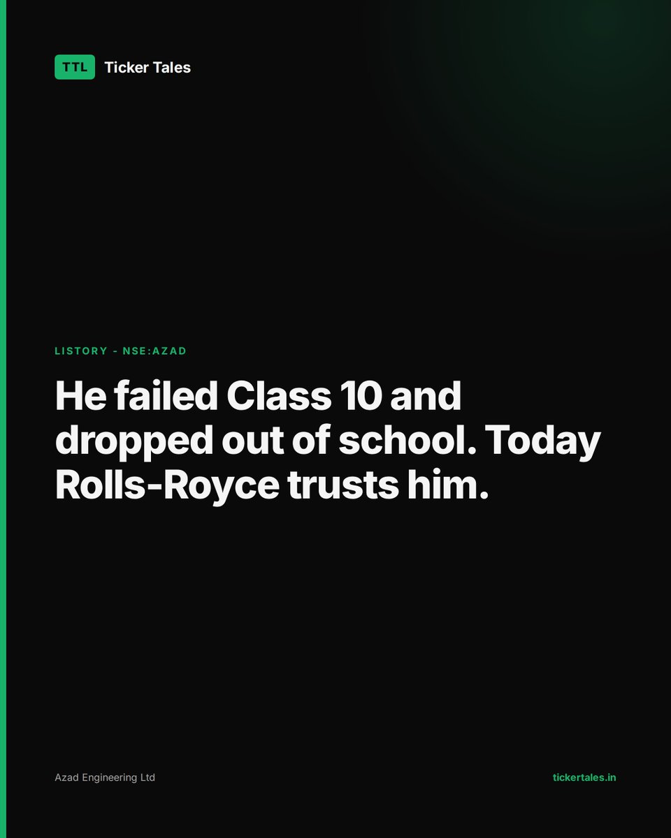 tickertalesOG's tweet photo. He failed Class 10 and dropped out of school.

In 2008 he rented a 200 sq m shed in Hyderabad with one second-hand machine and decided to make parts for jet engines.

Today Rolls-Royce trusts him.

https://t.co/qc7rH98NlC https://t.co/oNdOYnKs3K
