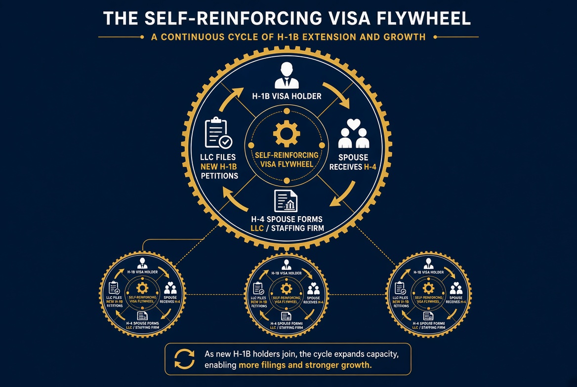PlumbNick's tweet photo. The H-1B flywheel: one worker gets H-1B, the spouse gets H-4, that spouse starts an LLC that files more H-1Bs and each new worker can start the same cycle. https://t.co/Bsdcd7V5NM