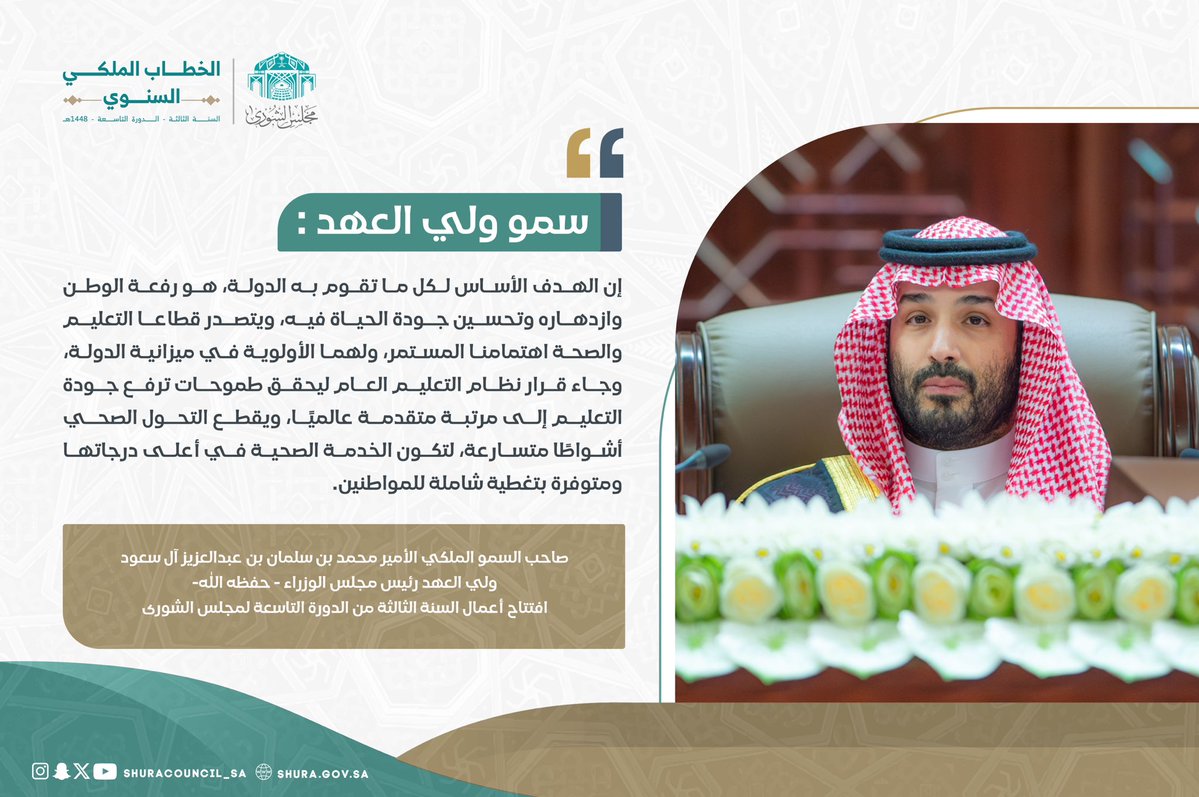 ShuraCouncil_SA's tweet photo. سمو ولي العهد : إن الهدف الأساس لكل ما تقوم به الدولة، هو رفعة الوطن وازدهاره وتحسين جودة الحياة فيه، ويتصدر قطاعا التعليم والصحة اهتمامنا ال��ستمر، ولهما الأولوية في ميزانية الدولة، وجاء قرار نظام التعليم العام ليحقق طموحات ترفع جودة التعليم إلى مرتب�� متقدمة عالميًا، ويقطع التحول الصحي أشواطًا متسارعة، لتكون الخدمة الصحية في أعلى درجاتها ومتوفرة بتغطية شاملة للمواطنين.
