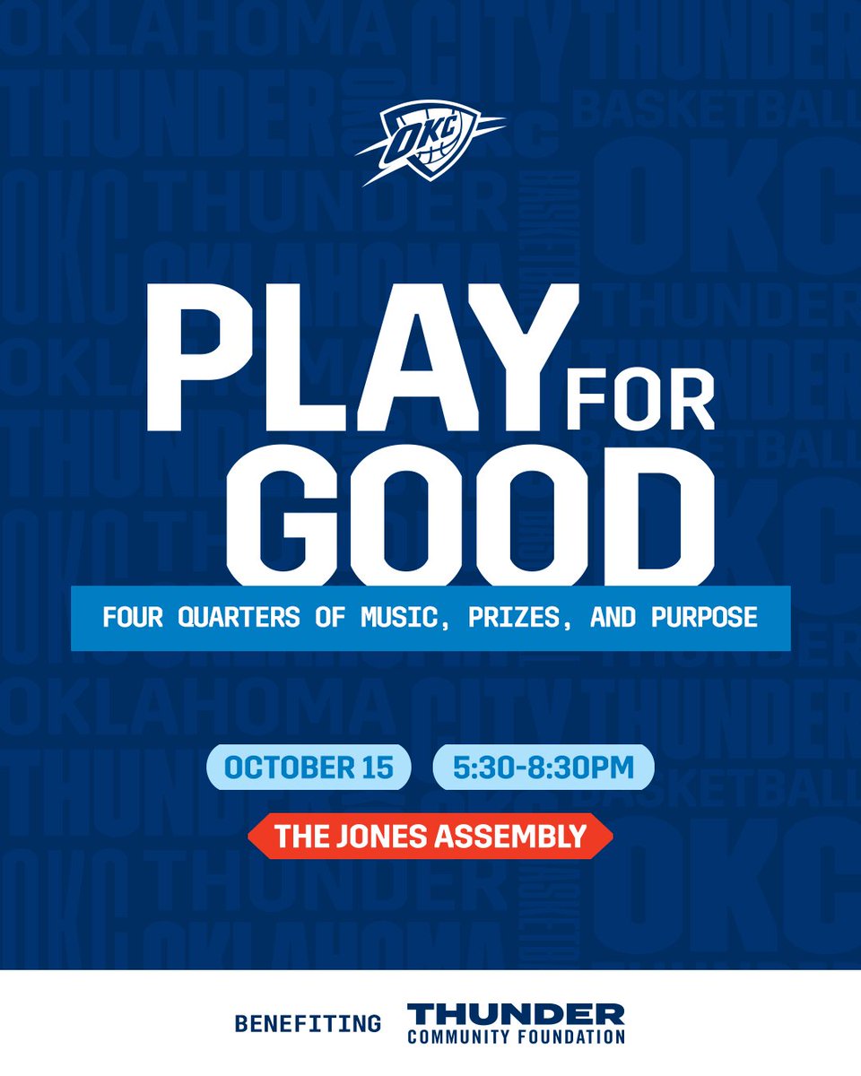thundercares's tweet photo. It's almost time to Play for Good 🎶

Join the Thunder Community Foundation on 10/15 from 5:30–8:30 p.m. at The Jones Assembly for Play for Good, a 21+ playlist-powered game that blends music trivia with bingo-style play. 

Get your tickets now 🎟️ https://t.co/fq41luy53n https://t.co/N8IqNpHxyp
