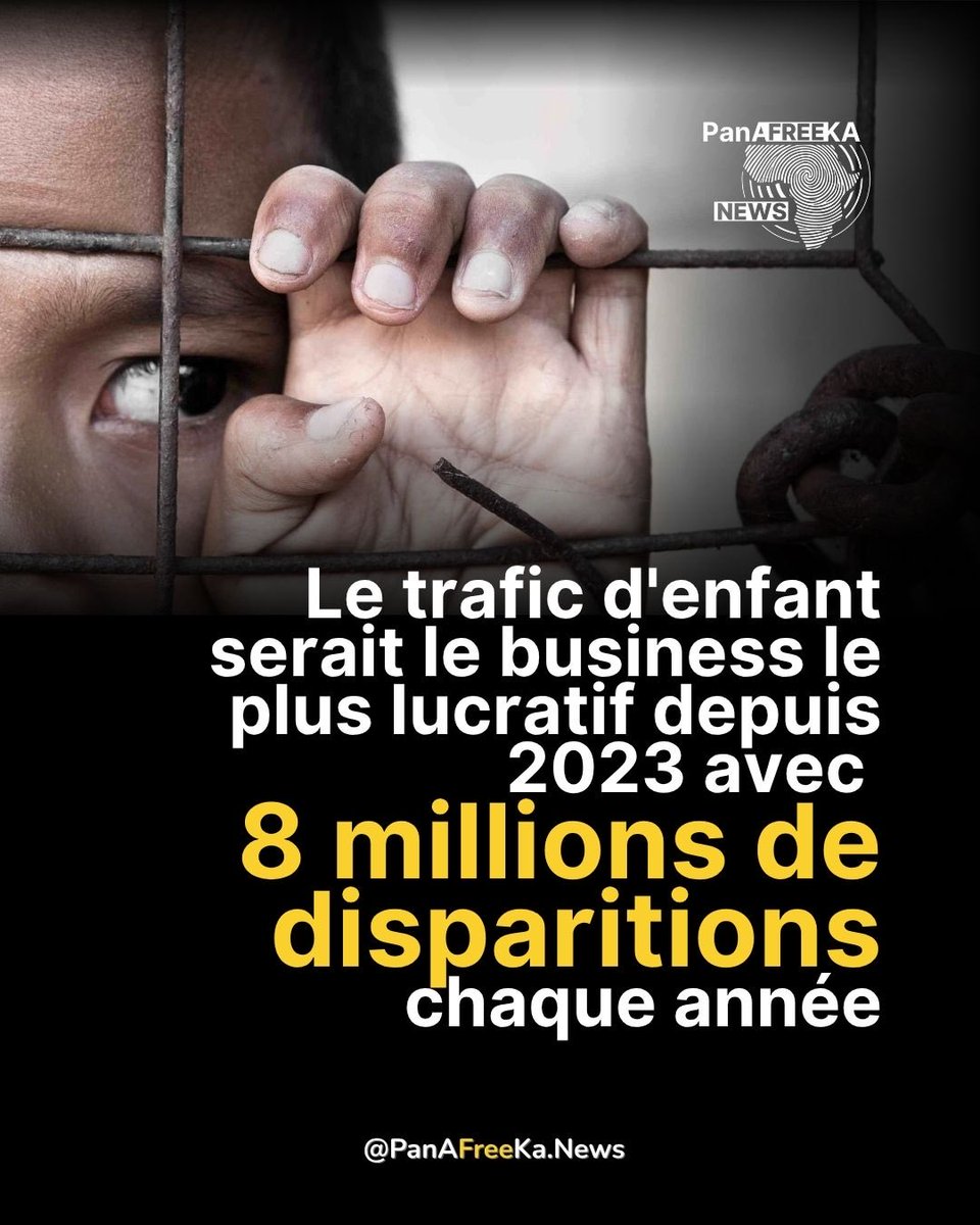 PanAFreekaNews's tweet photo. On estime à 8 millions le nombre d’enfants portés disparus dans le monde.

La traite des enfants est devenue l’un des business criminels les plus lucratifs au monde, régulièrement classé au deuxième rang derrière le trafic de drogue. Depuis 2023, plusieurs publications et institutions ont alerté sur l’ampleur économique considérable prise par cette criminalité organisée.

L’OIT estime aujourd’hui que l’exploitation par le travail forcé génère 236 milliards de dollars de profits illégaux chaque année, dont 73 % proviennent de l’exploitation sexuelle commerciale forcée.

Les enfants figurent parmi les populations les plus vulnérables. En Europe, un enfant sur cinq serait victime d’une forme de violence sexuelle.

Derrière ces chiffres se développe une économie criminelle mondiale extrêmement lucrative, alimentée par l’exploitation répétée des êtres humains et particulièrement des plus vulnérables.