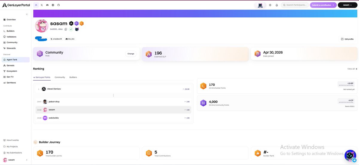 onadeonft's tweet photo. real talk, most of y'all have never even opened the genlayer portal. u just see it in someone bio, keep it pushing, and move on.
so let me break it down, cause its way less complicated than people make it sound.

connect your wallet, bind your github, x and discord. dont forget bind your account to mochi bot in tg.
no gas, no tokens to buy, none of that. your wallet is literally just your id. 
then finish your profile first, cause without a display name and email the submit button just sits there, dead.

then pick your lane. builders do contracts, repos, tutorials, tooling. validators run nodes.
community handles content, events, translations. and you're not locked in, people bounce between lanes all the time.

here's the part nobody warns u about: your evidence has to be a link folks can actually open. private repo? deleted thread? a wall of text with zero urls? you're not getting reviewed, simple as that. also, put the date as when you actually finished the work, not whenever you got around to hitting submit. seen people fumble that and it's painful.

once it gets accepted the points are locked, your rank jumps, and it lives on your public profile forever. can't delete it. so yeah, submit a couple clean ones instead of spamming ten nobody can verify.

now why do people actually care? 
the pool is capped. season 1 is a hard 10M GLP, converts every sunday 23:59 utc. your builder and community points get pooled every week into one permanent GLP balance. roughly 17% is still up for grabs. sit around waiting for shit to be "official" and somebody already took your spot.
brand new and overwhelmed? don't chase the biggest payout. take one thing you already did this week, a small contract, a tutorial, a repo you made public, submit it with clean links, and just watch how the review plays out. once u get how stewards weigh impact you can go bigger.
https://t.co/mcNiInHocv
@GenLayer