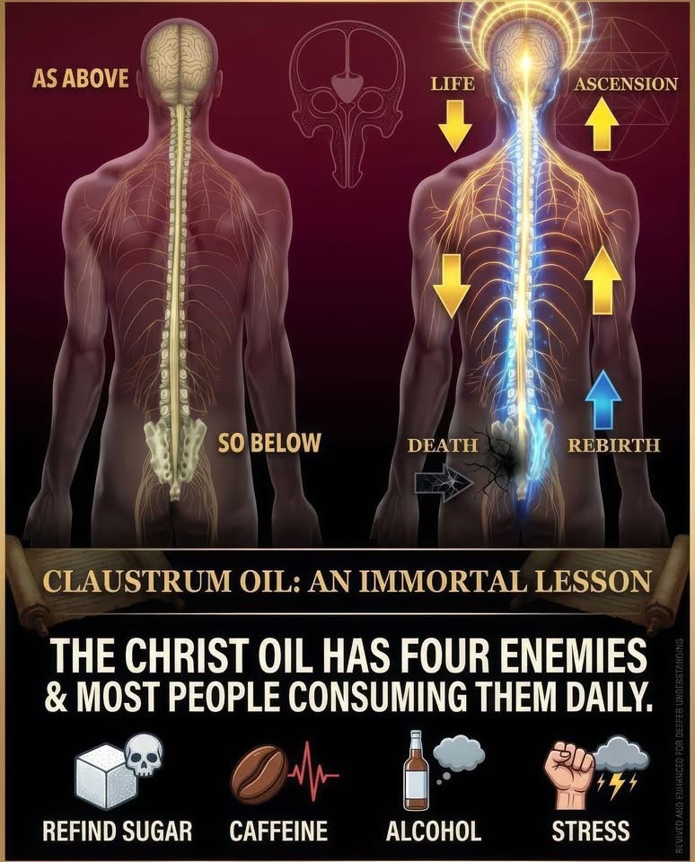 maximumpain333's tweet photo. 4 daily habits quietly cancel the most sacred process your body runs.

most people do all 4 before noon.

once a month
when the moon enters your birth sign
the ancients taught that the claustrum releases a sacred oil.

the "christ oil."

charged by the pineal.
charged by the pituitary.

it travels down the ida and the pingala.
down the river jordan.
your spine.

until it reaches bethlehem.
the sacrum.
the cave where it rests for three days.

the ancients weren't writing fairy tales.

they were mapping the body
in the only language they had.

if the oil is preserved
it rises back up all 33 vertebrae.
through the vagus nerve.
through the medulla.
back to the pineal.

every tradition calls what happens next something different.

born again.
awakened.
illumined.

but the teaching is clear.

if the oil is lost
the cycle resets.
you wait another month.

and here's what loses it.

1. alcohol
2. an acidic diet
3. wasted creative vital energy
4. an unobserved mind running on ego and reaction

that last one is the one nobody talks about.

you can get the body perfect
and still block the whole process
with a mind that never stops reacting.

what protects it:

an alkaline diet.
retention.
kundalini meditation.
tongue on the roof of the mouth.
intentional breath.
clear chakras.

not mysticism for its own sake.

a technology the body already knows how to run
once you stop interrupting it.

save this for the next time the moon hits your sign.

which of the 4 are you doing right now?
just type the number.

the seeker's map walks through this whole process in seven stages so you know exactly where to start.

verify everything. believe nothing.

✨🙌🏾💫