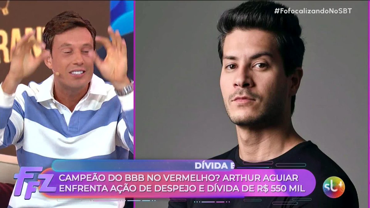 The image is a split-screen from the Brazilian TV show "Fofocalizando no SBT," featuring host Leo Dias on the left gesturing animatedly while discussing news about former BBB champion Arthur Aguiar, shown in a portrait on the right. The on-screen text reads "CAMPEÃO DO BBB NO VERMELHO? ARTHUR AGUIAR ENFRENTA AÇÃO DE DESPEJO E DÍVIDA DE R$ 550 MIL," highlighting that the celebrity faces an eviction lawsuit and a debt of 550,000 reais.