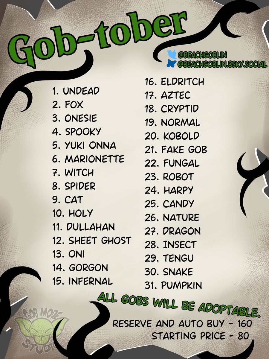 BeachGoblin's tweet photo. Its that time of year again!!! 
My server and I have made my prompt list for Gobtober and I'm so excited to get started!!!
all gobs will be adoptable and little mini auctions will be held for each cutie i make!!!

a repostable version and more info are in the Replays. https://t.co/rnWQKn2Oug