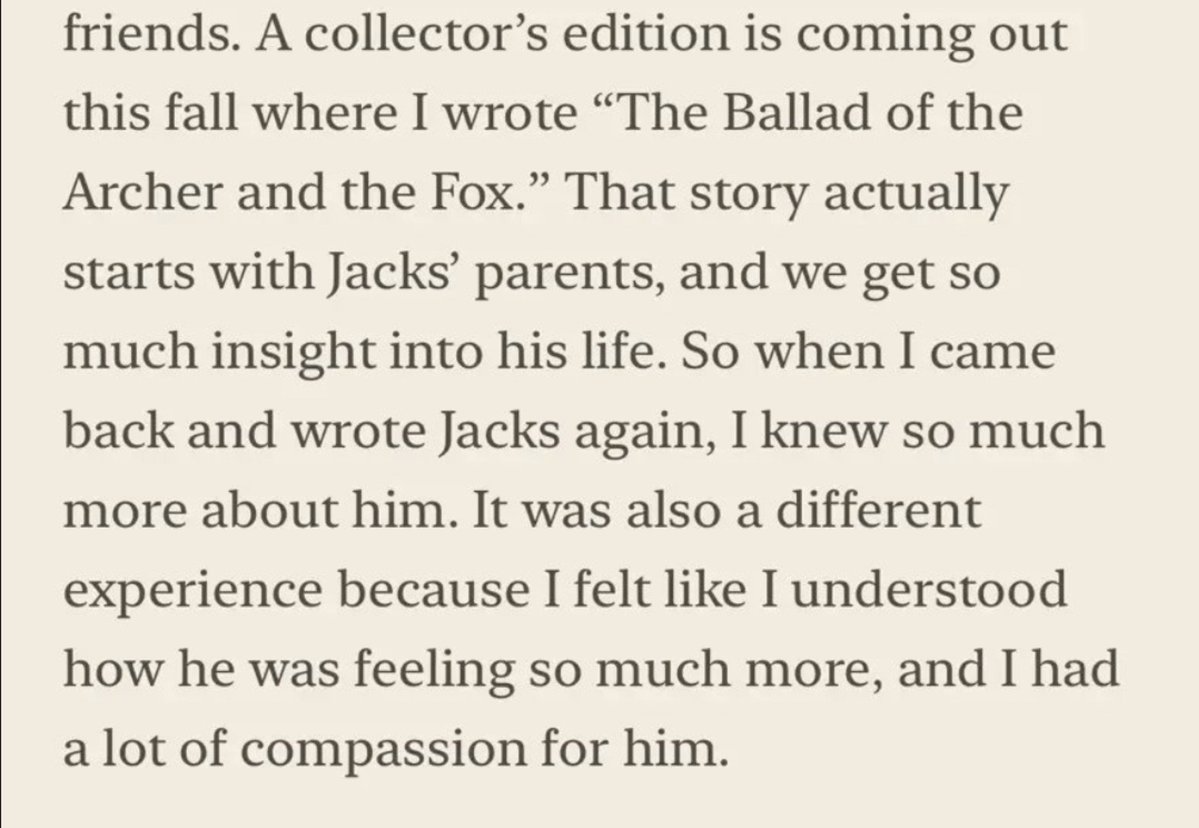 dimaevajacks's tweet photo. So stephanie wrote the ballad of the archer and the fox before the novella. Also we got introduced to jacks parents names in lala's pov https://t.co/OqC7FLskpr