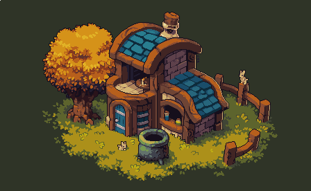 A charming pixel-art cottage featuring a blue-tiled roof, stone chimney, and wooden accents, nestled beside an autumn tree with a well and fence in the foreground, shared in response to the request "Show me your building art!".