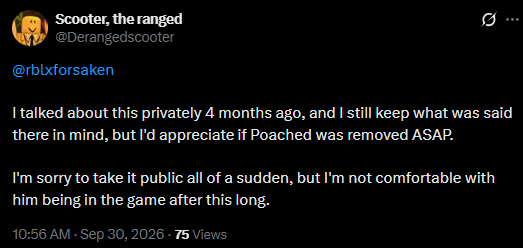 ForsakenWikiFD's tweet photo. Skin News: Poached Being Pulled
Supposedly, Poached John Doe is being pulled from Forsaken at the request of the creator! Please do not harass anyone over this.
Poached may receive a redesign after this.
#Forsaken #robloxforsaken https://t.co/G7LKub1PXn