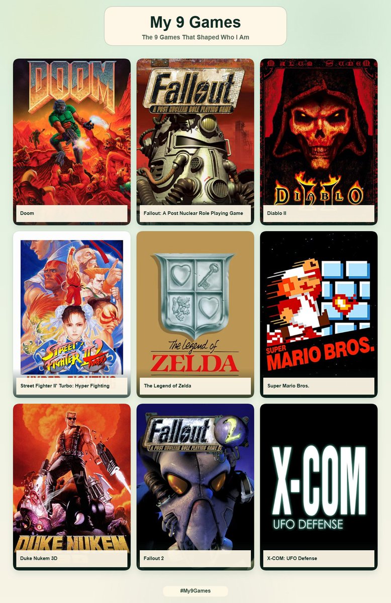 edmundmcmillen's tweet photo. the 9 games that shaped who i am. https://t.co/yasFlgCwnP