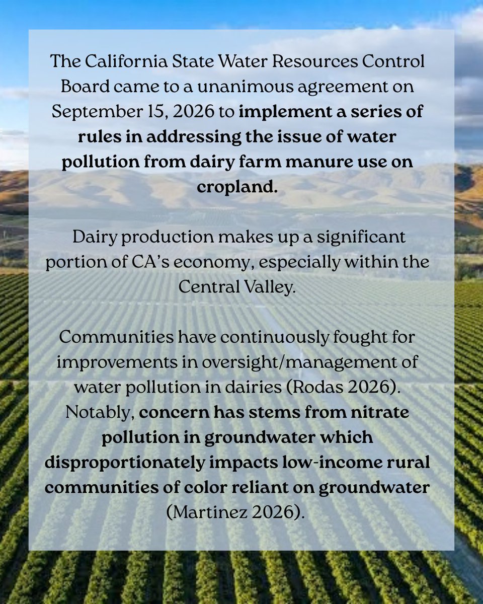 WaterUCIrvine's tweet photo. The #California #StateWaterResourcesControlBoard implemented rules that affect dairy production. They are meant to address the high levels of #nitrate #waterpollution from manure fertilizers on cropland, which causes disproportionate health effects across the #CentralValley. https://t.co/mXDFywYtjv