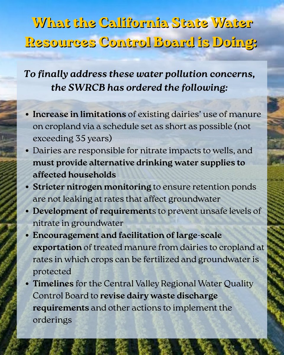WaterUCIrvine's tweet photo. The #California #StateWaterResourcesControlBoard implemented rules that affect dairy production. They are meant to address the high levels of #nitrate #waterpollution from manure fertilizers on cropland, which causes disproportionate health effects across the #CentralValley. https://t.co/mXDFywYtjv