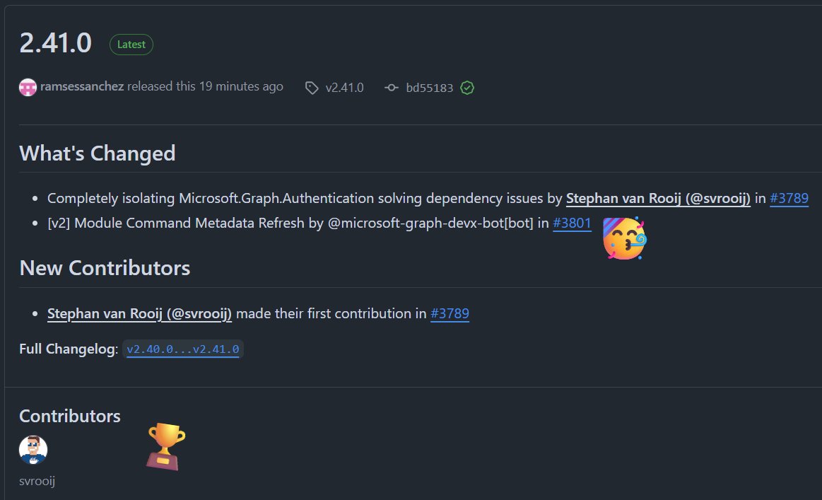 SamErde's tweet photo. It felt like we would never see a day when the Microsoft Graph PowerShell module would implement ALC and help solve dependency conflict issues.😩That day is finally here, thanks to @svrooij! 🎉👏 Release 2.41.0 is hot off the press with his excellent #mvpbuzz-worthy work!🙏💛 https://t.co/UUmbtklMkS