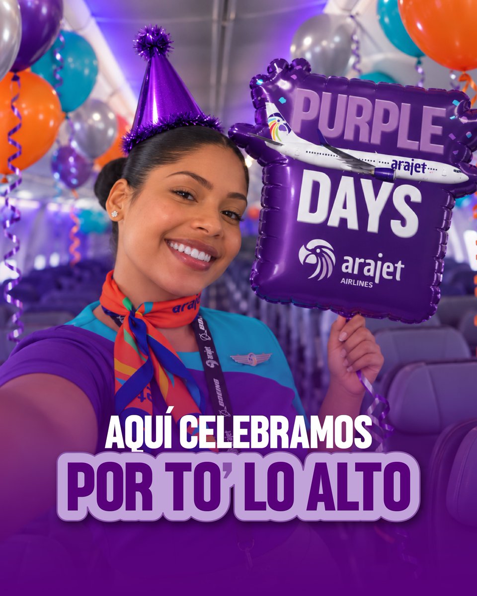 arajetairlines's tweet photo. Septiembre se nos fue celebrando POR TO’ LO ALTO 🎉💜✈️
¡Y hoy es el ÚLTIMO DÍA de nuestros Purple Days! 👀🥳 ¿Ya aprovechaste nuestra promo de cumpleaños? ¡Que no se te vaya el avión! 😏
#Arajet #VamoArriba #PurpleDays https://t.co/X8eXf1QikO