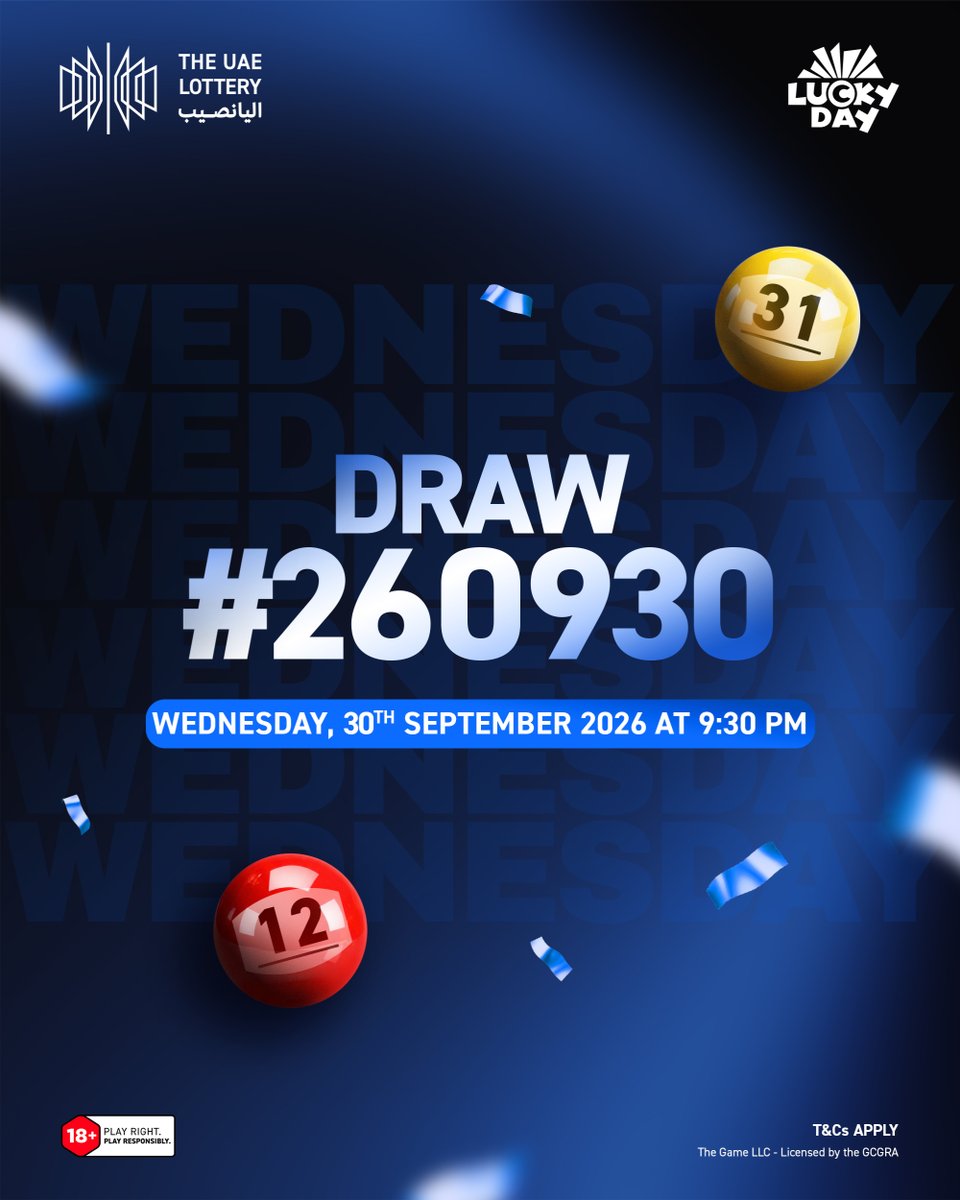 theuaelottery's tweet photo. Congratulations to all the winners of today’s Lucky Day Draw #260930! 🎉
Check your tickets now and see the winning numbers on our website.

Save the date – the next draw is on Saturday, October 3, 2026!
#TheUAELottery #LuckyDay #DareToImagine https://t.co/OZWJ25V0pU