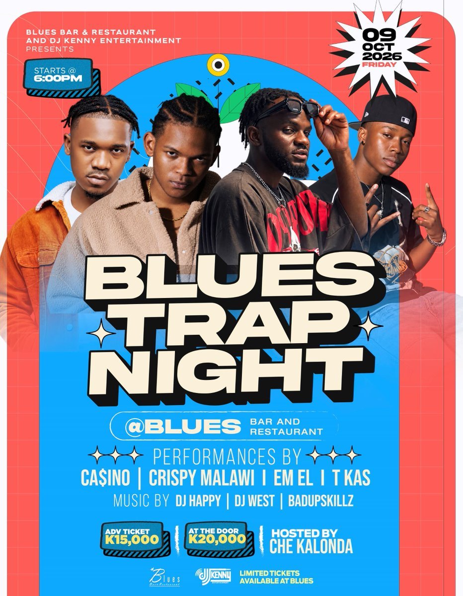 ElzJoel's tweet photo. Limited tickets available! ⏳ Don't wait until the door, grab your K15,000 advance ticket for BLUES TRAP NIGHT now at Blues Bar &amp; Restaurant! 🎟️🔥

🗓 Friday, 09 OCT 2026 | 6:00 PM

📍 Blues Bar and Restaurant

 K20,000. See you there! 🚨

#BluesBarAndRestaurant #BluesTrapNight https://t.co/2xsLoArWqj