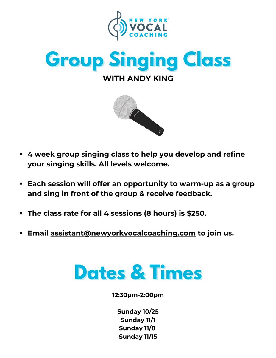 NYVocalCoaching's tweet photo. Join NYVCβs Andy King for a 4 week Group Singing Class this fall! ππ€
Email assistant@newyorkvocalcoaching.com for more info & to sign up!
#groupsingingclass #newyorkvocalcoaching https://t.co/ybmUvf6lON