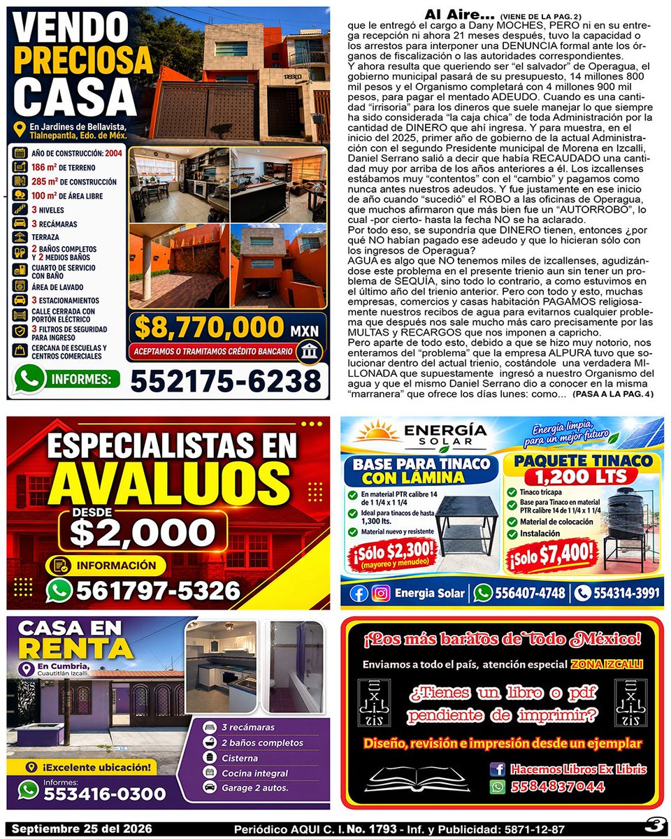 periodicoAQUI's tweet photo. #casaenventa #avaluos #BasesparaTinaco #TINACOS #casaenventa #impresiondelibros #OmarTapia #AQUICUAUTITLÁNIZCALLI

Compártelo, puede ser de utilidad para alguien.

Nuestra Edición Completa en:
https://t.co/nhsGHRahBI https://t.co/QFIazThWR8