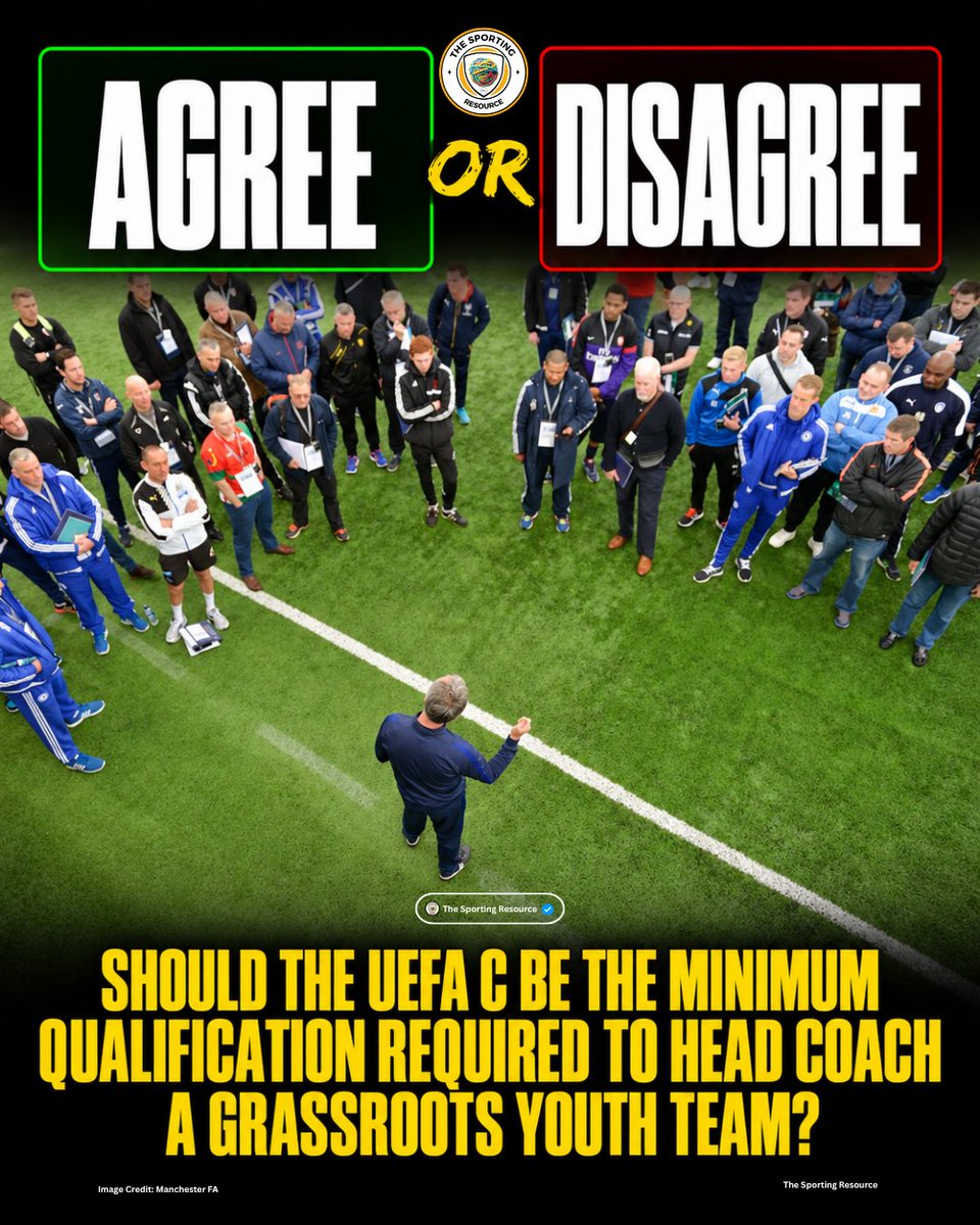 TheS_Resource's tweet photo. Should the UEFA C be the minimum qualification required to head coach a grassroots youth team?

We’ve received, read and discussed recently about the standard of coaching in grassroots football and whether the current level of coach education is sufficient for the people ultimately responsible for developing young players.

James Wilson wrote on X that he is increasingly concerned about grassroots coaching standards and argued that changes to coach education have left many well-intentioned volunteers with too little meaningful development.

David Kerr raised a similar concern from a Scottish perspective, questioning the level of oversight and quality assurance once coaches are working independently. Tony Monk also questioned the standard of coaching across grassroots. 

Then one comment made the debate very simple:
“UEFA C should be the minimum to be head coach.”

So that is the question, it's not about requiring every volunteer, assistant or parent helper to hold a UEFA C, and it is not suggesting that the qualification automatically makes someone a good coach. It is also not a debate about what the ideal coach-education system should look like in the future.

The question is whether, within the system we currently have, the person taking primary responsibility i.e. Head Coach for leading a grassroots youth team should be required to hold at least a UEFA C qualification.

There is a reasonable argument for it, the person leading a team can influence session design, player development, communication, behaviour, confidence and a child’s overall experience of football. 

Requiring a higher minimum level of coach education could provide a clearer baseline of knowledge and practical development, but there is an equally important practical question. 

Grassroots football depends heavily on volunteers and mandatory UEFA C could create barriers around:
• Cost
• Time
• Course availability
• Travel
• Work and family commitments
• The number of volunteers willing or able to take responsibility for a team

Qualification alone cannot guarantee good coaching, experience, reflection, mentoring, safeguarding, ongoing development and the environment created by the club all matter too.

So the trade-off is not simply qualified versus unqualified. It is whether raising the minimum formal standard would improve the quality and consistency of coaching enough to justify the additional barriers it could create for the volunteer workforce.

Should the UEFA C be the minimum qualification required to head coach a grassroots youth team?

Agree or disagree and why?
