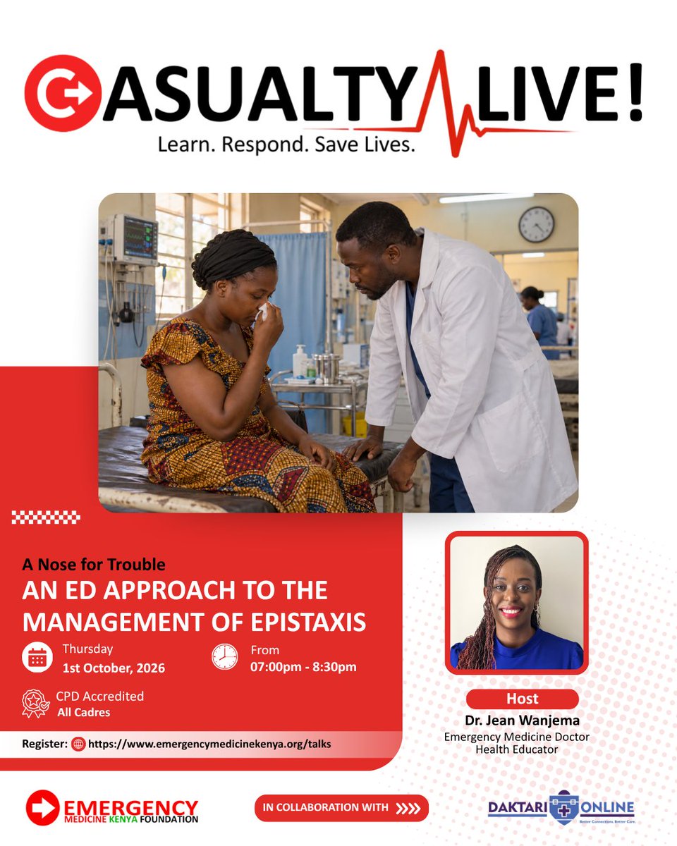 CasualtyApp's tweet photo. 🩸 A nosebleed. Simple enough… until it isn’t.

Epistaxis may be common, but when the bleeding won’t stop, knowing what to do next matters.

Join us for Casualty Live! Episode 8: A Nose for Trouble, as we break down a practical ED approach to epistaxis with an ENT surgeon. https://t.co/9UKreddi5r