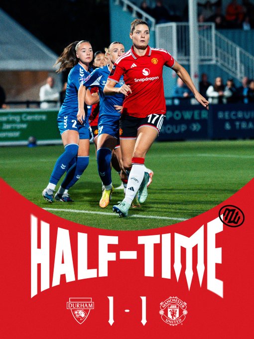 The image is a half-time graphic showing a Manchester United women's player in a red #17 jersey with "Snapdragon" sponsorship, with "HALF-TIME" displayed alongside a 1-1 scoreline between Durham and Manchester United, indicating a tied match at the break.