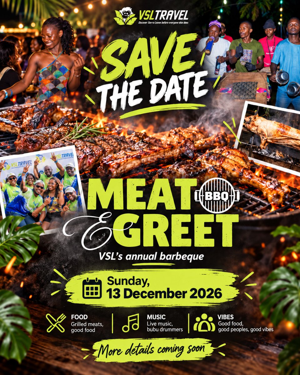 VisitSL's tweet photo. Something delicious is cooking… 👀🔥
Our Meat &amp; Greet BBQ Party  is on the way!
🍖 Good food. Great vibes. Better company.

📅 Save the date. More details coming soon!

#VisitSierraLeone #MeatAndGreet #BBQParty #VSLTravel #Salonex https://t.co/fxFib5zThf