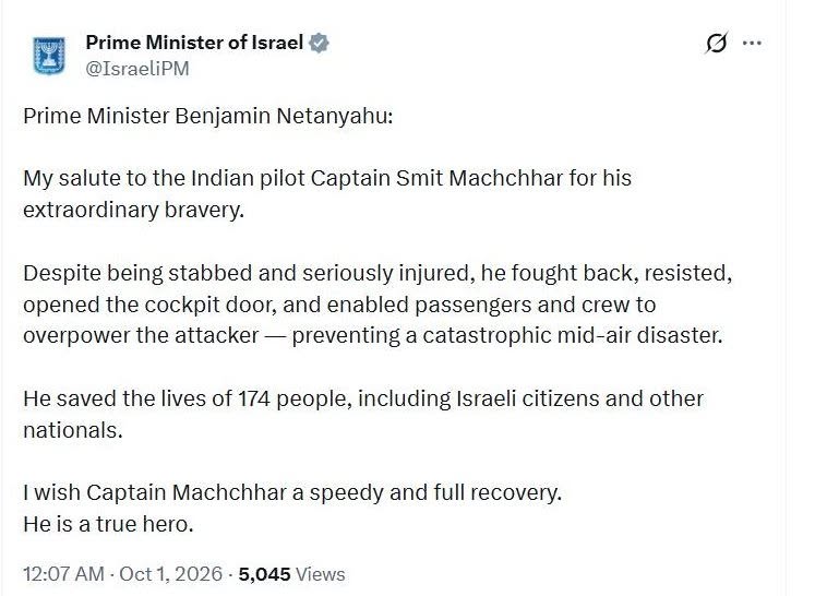 sidhant's tweet photo. BREAKING: "Extraordinary bravery" Israel PM Netanyahu lauds Indian pilot Captain Smit Machchhar who prevented the Fly Dubai flight being taken over, saving lives of over 100 people. https://t.co/w8VUKtyyCC