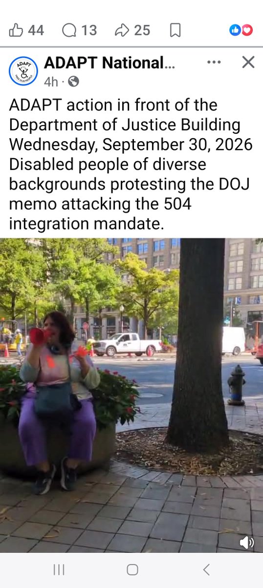 kyblueblood's tweet photo. ADAPT action in front of the Department of Justice Building
Wednesday, September 30, 2026
Disabled people of diverse backgrounds protesting the DOJ memo attacking the 504 integration mandate.
@RealNatlADAPT
#ADAPT
#OurHomesNotNursingHomes https://t.co/GHa2d0QuSj