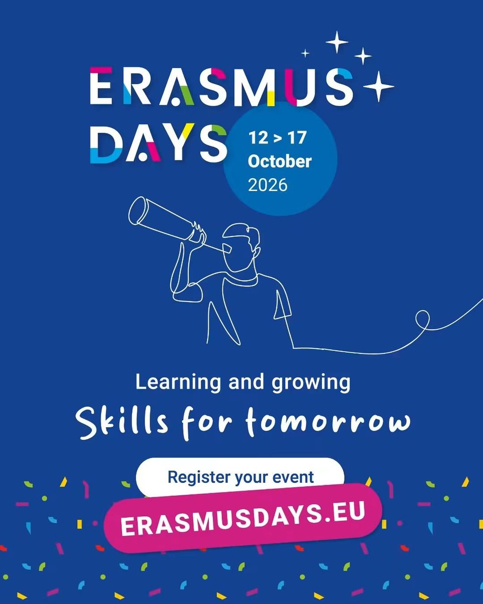 ErasmusPlusInd's tweet photo. 📣 Dal 12 al 17 ottobre 2026 tornano gli ErasmusDays! 
Sei giorni per raccontare esperienze, condividere progetti e scoprire quante opportunità nascono con Erasmus+. 
Come partecipare? Scopri gli appuntamenti e registra il tuo evento su https://t.co/GLv8j3U2cn https://t.co/mF6XZVqoyb
