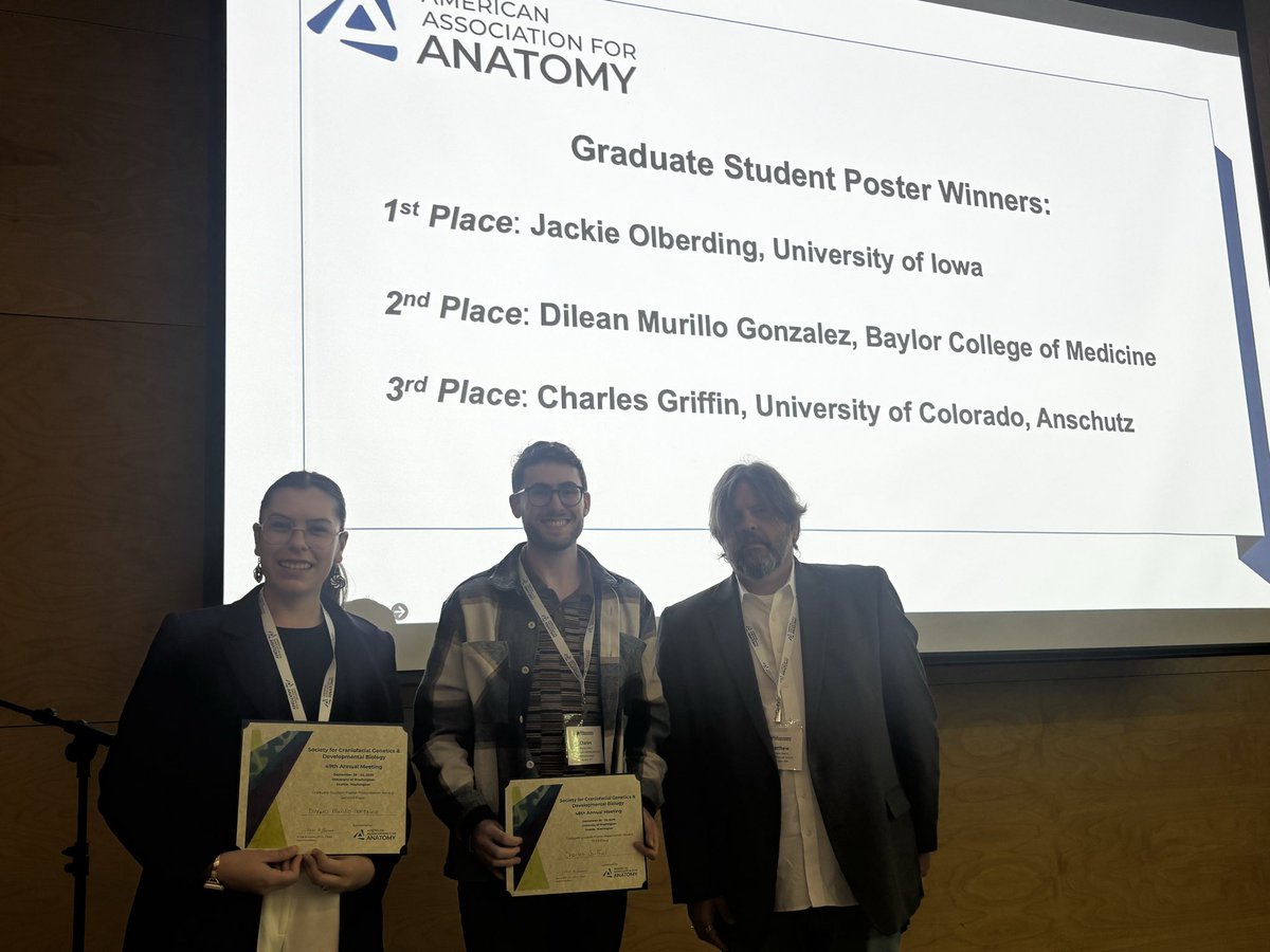 SCGDB1's tweet photo. Congratulations to our #SCGDB2026 graduate student poster winners 🎉👏 
Jackie Olberding (University of Iowa)
Dilean Murillo Gonzalez (Baylor College of Medicine)
Charles Griffin (University of Colorado Anschutz) https://t.co/ufSBUcm2s9