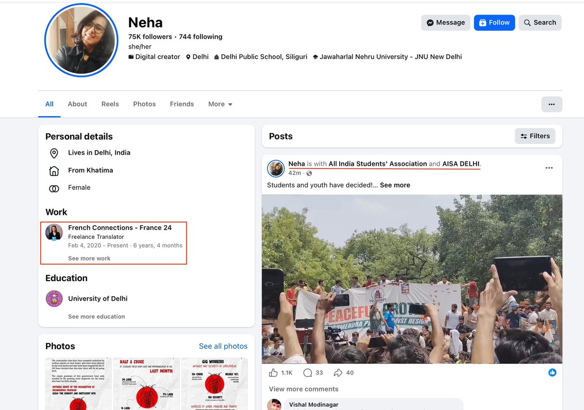 PratapReddy7095's tweet photo. @neha_aisa @narendramodi Wt about this miss and Mr. #nesha
(@VijayGajeraO cridit gose to) many of you know that Marxist student goon Neha Bora was on the payroll of the French government-funded news channel France 24?
She received this from his FB after I exposed this!
Ye layenge Aazadi! https://t.co/veFpAr3ZTl