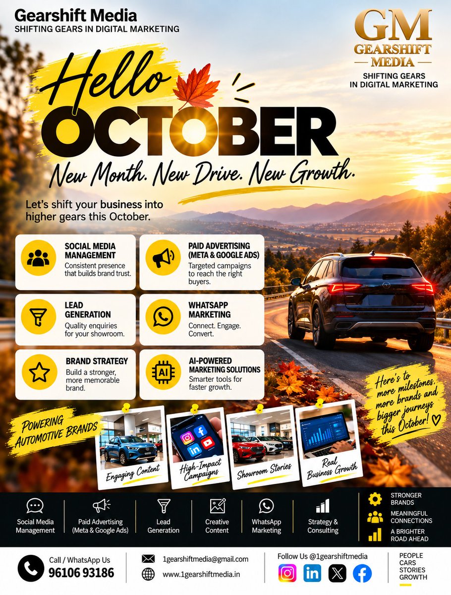1GearshiftMedia's tweet photo. Hello October! 🍂🚗

New Month. New Drive. New Growth.

Let’s shift your marketing into high gear and turn ideas into real business growth.

#GearshiftMedia #DigitalMarketing #MarketingGrowth #AutomotiveMarketing https://t.co/lCmqbsfhNz