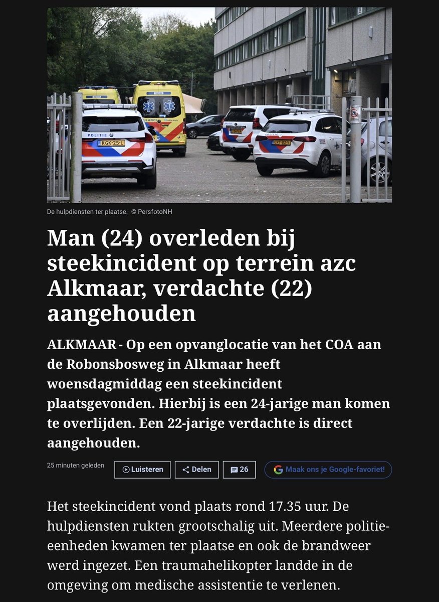 Man (24) overleden bij steekincident op terrein azc Alkmaar, verdachte (22) aangehouden