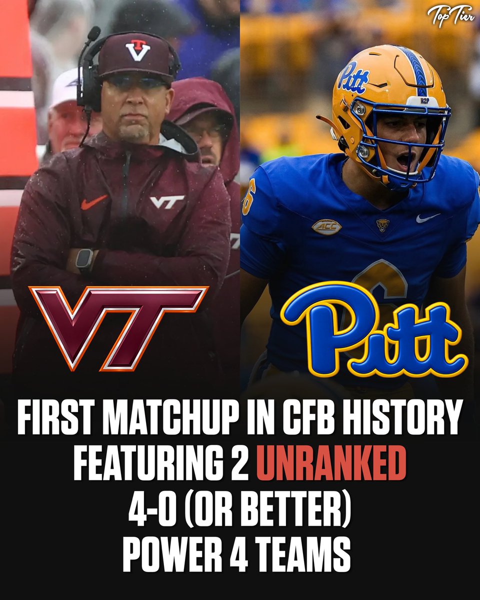 TopTierStateX's tweet photo. Virginia Tech vs. Pitt will be the first matchup in modern college football history between two unranked 4-0 Power 4 teams. https://t.co/QUi7qI76MU