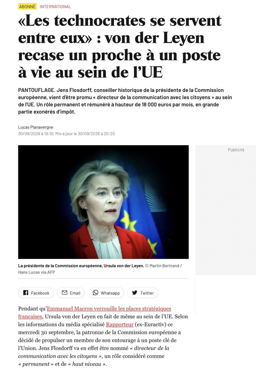 GFBombassei's tweet photo. Pour rappel, la présidente de la Commission européenne, Ursula von der Leyen, a participé à quatre Conférences de #Bilderberg entre 2015 et 2019 alors qu'elle occupait le poste de ministre allemande de la Défense (voir ci-dessous).

«LES TECHNOCRATES SE SERVENT ENTRE EUX» : VON DER LEYEN RECASE UN PROCHE À UN POSTE À VIE AU SEIN DE L'UE
"PANTOUFLAGE. Jens Flosdorff, conseiller historique de la présidente de la Commission européenne, vient d'être promu « directeur de la communication avec les citoyens » au sein de l'UE. Un rôle permanent et rémunéré à hauteur de 18 000 euros par mois, en grande partie exonérés d’impôt.
Contrairement à certains autres postes de l’administration, celui-ci avait fait l’objet d’un appel à candidatures en décembre 2025. Quelque 66 personnes y avaient répondu, mais c’est bel et bien le conseiller médiatique, proche de la dirigeante allemande depuis une vingtaine d’années (notamment durant ses longs mandats en tant que ministre fédérale sous Angela Merkel), qui l’a emporté..."
https://t.co/g6pt7NhjT0