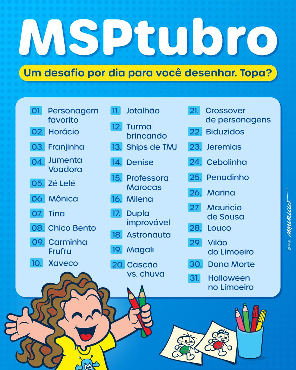 mspestudios's tweet photo. MSPtubro 🎨

Crie uma arte inspirada no universo MSP, seguindo o tema de cada dia!

Use #MSPtubro e marque @‌mspestudios ao postar.

Bora participar? ✨ https://t.co/79Fbcz32nv