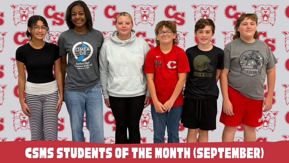 CantonSouthMS's tweet photo. Congratulations to our Students of the Month for September. 

6th Grade: Robert Nau &amp; Savannah Walker
7th Grade: Zane Blankenship &amp; Kacey Carnes
8th Grade: Shilah Harvey &amp; Kolton Prosperi

#GoWildcats https://t.co/rlyZSGMZOi