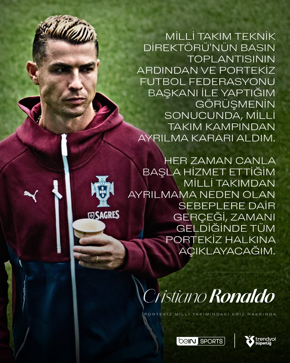 beINSPORTS_TR's tweet photo. 🇵🇹 Cristiano Ronaldo, sosyal medya hesabından yaptığı açıklamada Portekiz Milli Takım kampından ayrıldığını açıkladı! https://t.co/BkZCMXPEfB