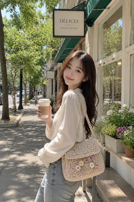 A young woman with long dark hair stands on a sunny sidewalk holding a coffee cup and a crochet bag with flowers, in front of a cafe with a 'DÉLICES COFFEE & DESSERT' sign.